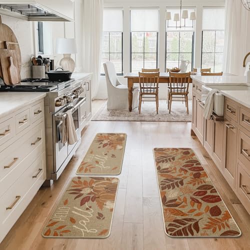 Maple Leaf Fall Kitchen Mats Set of 3 (17" x 29" /17" x 36" /17" x 47" / Orange)