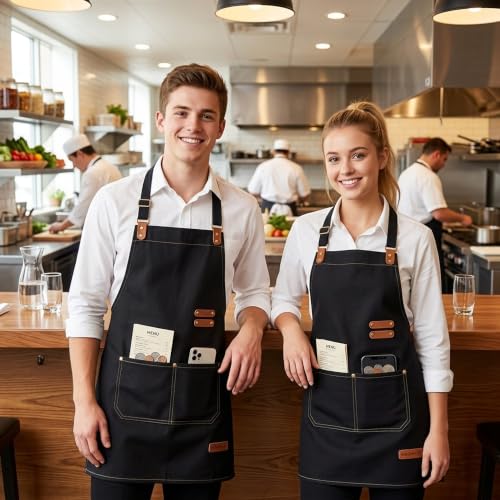 Chef Apron for Men Women with Pockets Adjustable Neck Strap (Black)