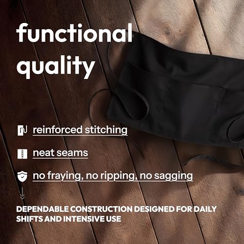 3 Pack Black Server Waist Aprons with 3 Pockets (Black Waist Apron - 3 Pack)