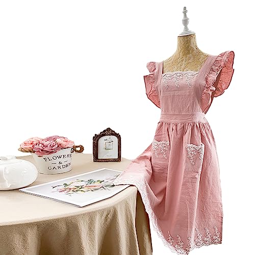 Cute Cotton Apron Frilly Lace Ruffle Adjustable Pinafore Apron Dress with Pockets for Cooking Baking Cleaning Gardening (Pink)