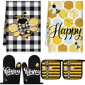 6 Plaid Bee Kitchen Towels Oven Mitts and Pot Holders Sets (Yellow and Black / Bee)