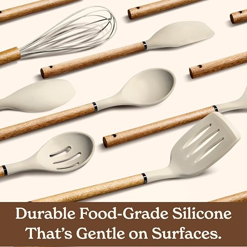 Non Stick Silicone Utensil Set with Rounded Wood Handles for Cooking and Baking (8 Piece Set / Khaki)