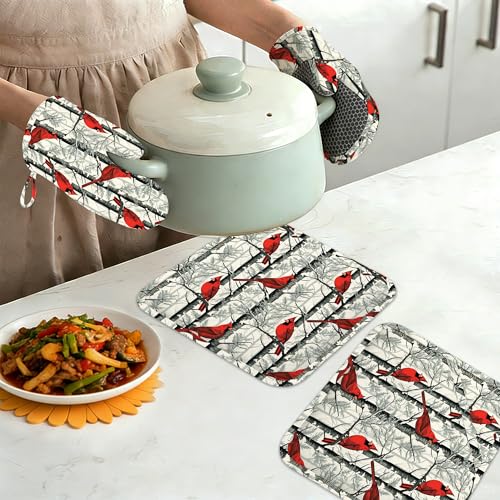 Red Cardinal Birds Oven Mitts and Pot Holders Set of 4 (Red Cardinal Birds)