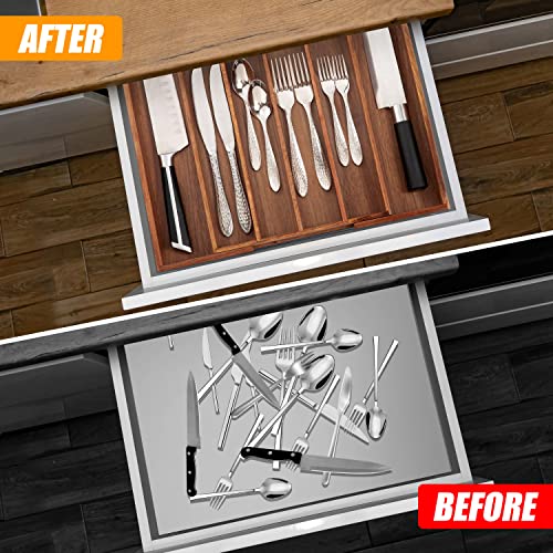 Acacia Silverware Organizer Kitchen Drawer Organizer Expandable Bamboo Utensil Holder Cutlery Tray for Kitchen Utensil and Flatware Bedroom Office (Acacia / 7 Slots Expandable)