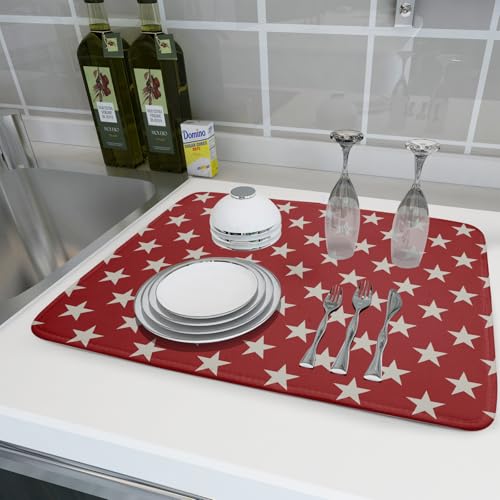 Patriotic July of 4th Red Star Dish Drying Mat for Kitchen Counter 18x24 Memorial Independence Day Absorbent Reversible Microfiber Drying Mats Kitchen Countertop Protector Dishes Drainer Rack Pad