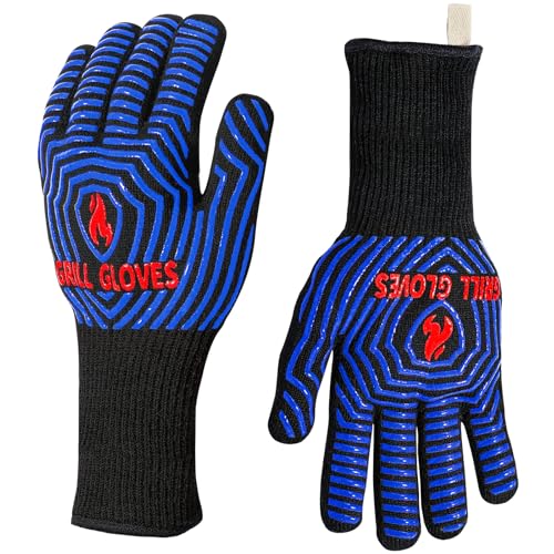 BBQ Gloves Oven Gloves 1472℉ Extreme Heat Resistant (Black Blue / One Size Fits Most(Long Cuff))