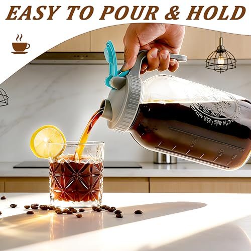 Mason Jar Cold Brew Coffee Maker 32 Oz Wide Mouth Cold Brew Pitcher 1 Quart Airtight & Leakproof Mason Jar Pitcher With Stainless Steel Fine Mesh Filter For Coffee (32 OZ Cold Brew Coffee Maker Blue)