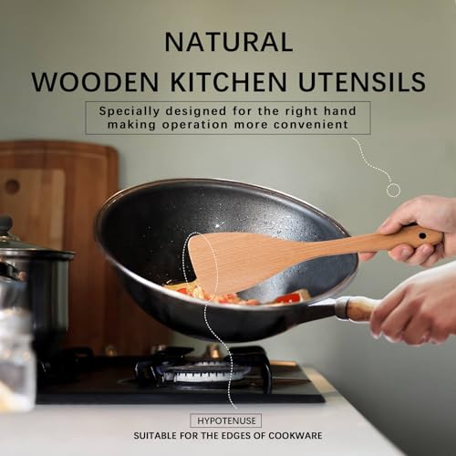 Wooden Spatulas for Cooking (Beech Yellowish / Thin 12.8" Angled Edge)