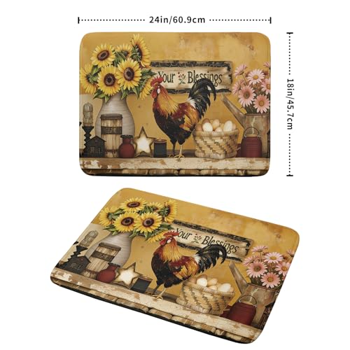 Farmhouse Rooster Dish Drying Mat Vintage Chicken Sunflowers Dish Drainer Mats 18"x24" Rustic Primitive Microfiber Reversible Dish Drying Rack Pad Protector for Kitchen Countertop Decor (24" x 18")