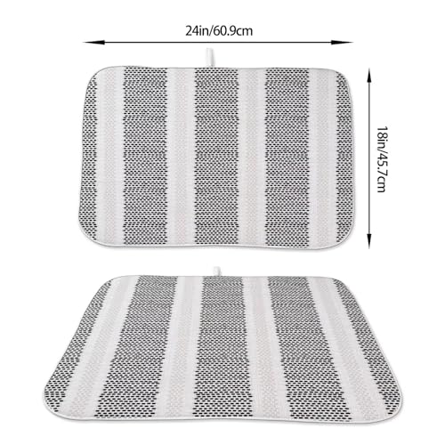 Boho Black Dish Drying Mat 18 x 24 inch Modern Geometry Polka Dot Striped Decorative Drying Mats Microfiber Absorbent Dish Washable Draining Mat for Kitchen Counter Decor (18" x 18" / Black Striped)