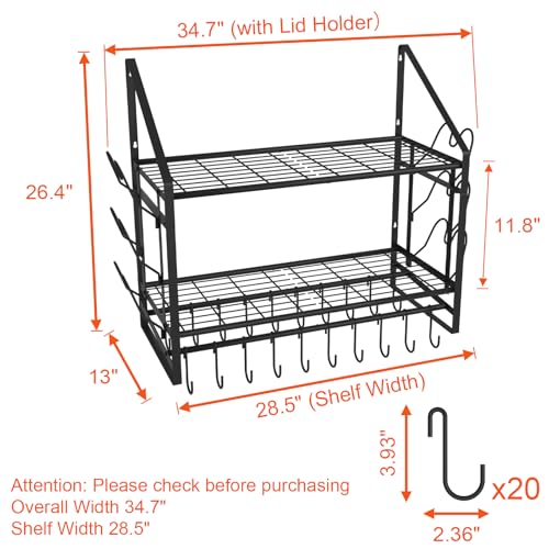 28 Inch Pot Rack Wall Mounted (28"W 2 Tier Black)