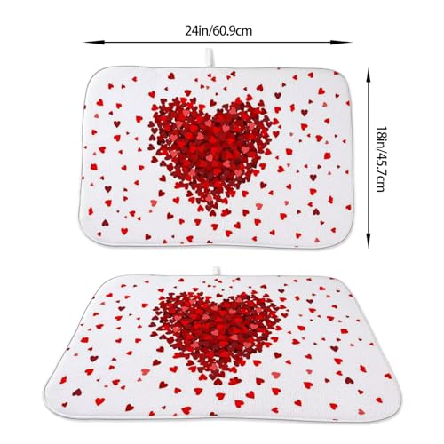 Valentines Day Dish Drying Mat 18 x 24 inch Red Hearts Decorative Drying Mats Microfiber Absorbent Love Heart Dish Washable Draining Mat for Kitchen Counter Decor (18x24 Inch / Red Hearts)
