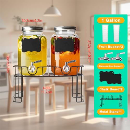 1 Gallon Glass Drink Dispenser with Stand (1Gallon-2Pcs)