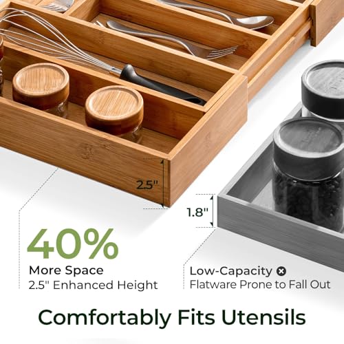 Carbonized Large Bamboo Kitchen Drawer Organizer (12 Slots（Large & Expandable）)