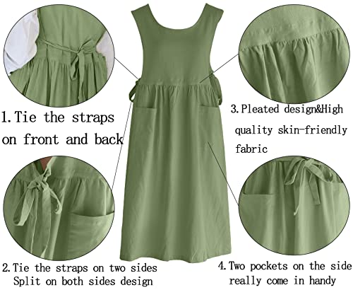 Women Plus Size Cotton Linen Vintage Pleated Split Apron Pinafore Dress with Two Pockets (Green / 43.4"L)