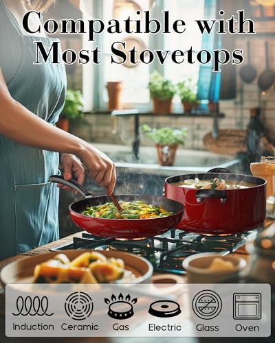 Professional Pots and Pans Nonstick Cookware Set (12 Piece Cookware Set / Marble Red)