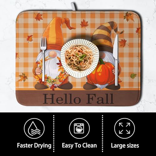 Hello Fall Autumn Gnomes Dish Drying Mat 16x18 Thanksgiving Pumpkin Maple Leaves Harvest Kitchen Drying Mat Orange White Buffalo Plaid Dish Drainer Mat Ultra Absorbent Dish Rack Pad for Coffee Bar (Fall Gnome / 16" x 18")
