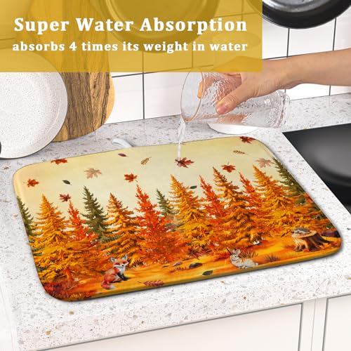 Autumn Drying Matt Kitchen Counter Small Absorbent Coffee Mat Fall Forest Microfiber Drying Mat for Holiday Decor (Autumn Forest Yellow / 18" x 16")