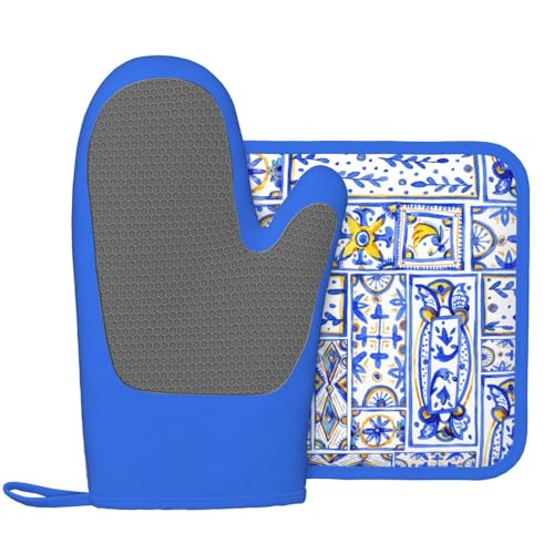 Blue Boho Geometric Silicone Oven Mitts Pan Mats Set of 2 (Black6)