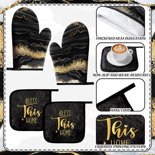 12 Pcs Marble Kitchen Decor and Accessories Sets 4 Black and Gold Marble Kitchen Towels 4 Farmhouse Absorbent Dishcloths 2 Pot Holders 2 Oven Mitts Gloves for Home Decor Mom Gifts (Black Gold / Marble Pattern)