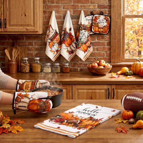 10 Pcs Fall Pumpkin Kitchen Decor Set Kitchen Towels Pot Holders Oven Mitts and Rugs Set Thanksgiving Towels for Baking Cooking BBQ Autumn Home (Dark Orange / Football)