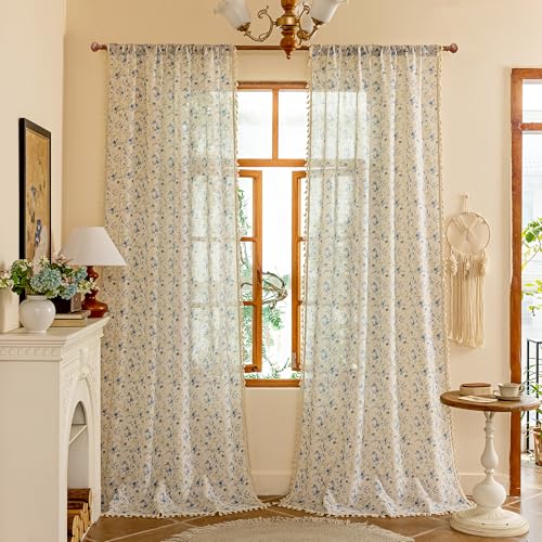 Floral Boho Linen Curtains 96 Inches Length 2 Panels Set Blue Flower Patterned Semi Sheer Spring Vintage Farmhouse Window Curtains with Tassel Beige Back Tab Dining Room (Blue and Green / 50"W x 96"L (Pack of 2))