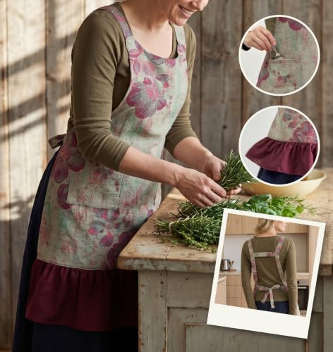 Vintage Aprons for Women with Pockets Cute Pinafore Apron Dress for Kitchen Cooking Baking Gardening (Floral Dark Red)