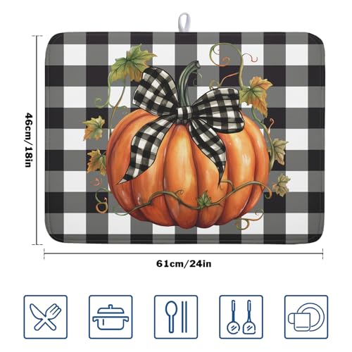 Fall Drying Mats for Kitchen Counter Fall Pumpkin Dish Drying Mat 18 x 24 Inch Autumn Black White Buffalo Check Dish Rack Mat Drainer Pad Thanksgiving Absorbent Microfiber Table Mat for Coffee Bar (Fall Pumpkin-Black White Buffalo Check / 18" x 24")