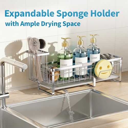 Extra Large Extendable Sponge Holder for Kitchen Sink Caddy Organizer (Stainless Steel)