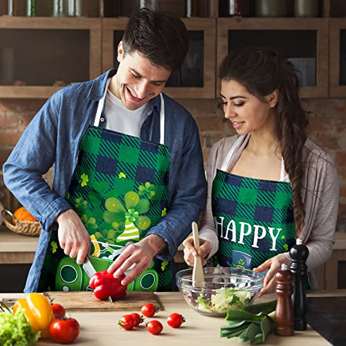 St. Patrick's Day Aprons 4 Pack Green Black Plaid Chef Cooking Aprons Shamrock Gnome Clover Adjustable Washable Kitchen Apron Collection for Irish Holiday Dinner Baking BBQ Grilling Supplies (St. Patrick's Day)