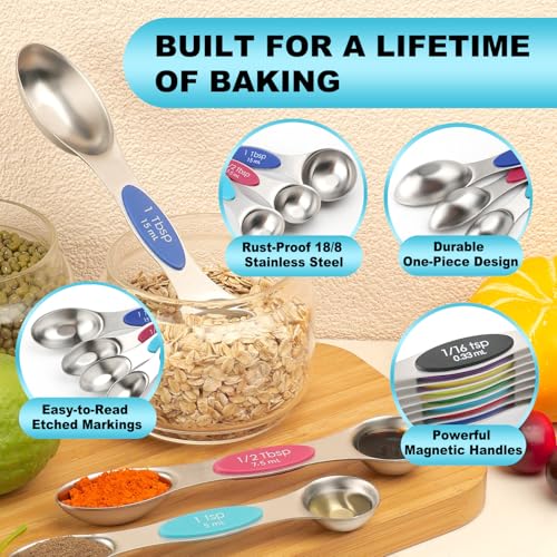 Magnetic Measuring Spoons Set of 9 with Leveler (Multicolor)