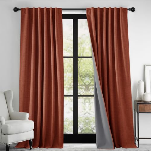 100% Blackout Linen Textured Curtains 90 Inch Long for Office (Terracotta / 52"W x 90"L (Pack of 2))