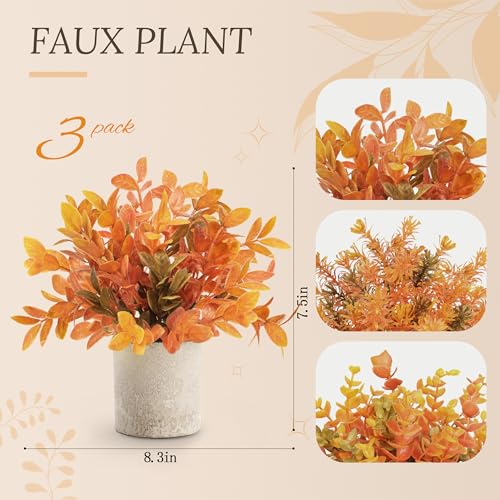 3 Pack Fake Plants Warm Orange Faux Plants for Fall Table Decor (Orange)