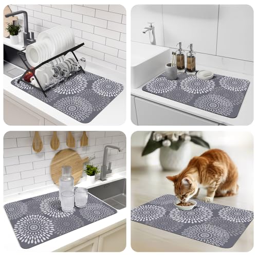 Dish Drying Mat Absorbent Kitchen Counter Mat Rubber Backing Draining Mat (Gray / 16" x 24")