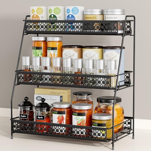 Vintage 3 Tier Spice Rack Organizer for Kitchen Counter (Black / 3 Tier Large)
