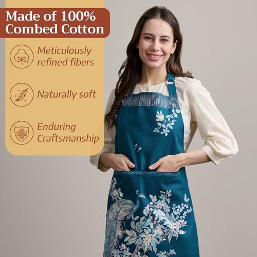 Aprons for women with Pocket 100% Cotton Pack of 1 (011 - Peacock Utopia - Deep Sea)