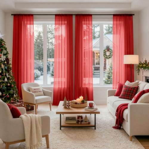 Red Christmas Sheer Curtains 90 Inches Long 4 Panels 42 x 90 Inches (42"W x 90"L (Pack of 4) / Red)