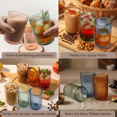 Colored Ribbed Highball Glasses Set of 6 (6pcs-Multicolor-13.2oz)