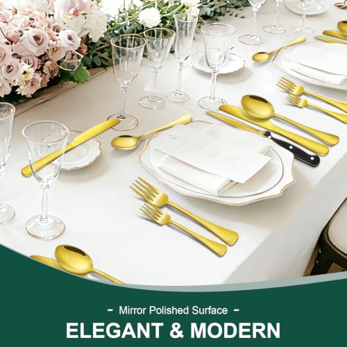 24 Piece Gold Silverware Set with Steak Knives Black Stainless Steel Flatware Set for 4 Food Grade Tableware Cutlery Set Rust (24Pcs-C)