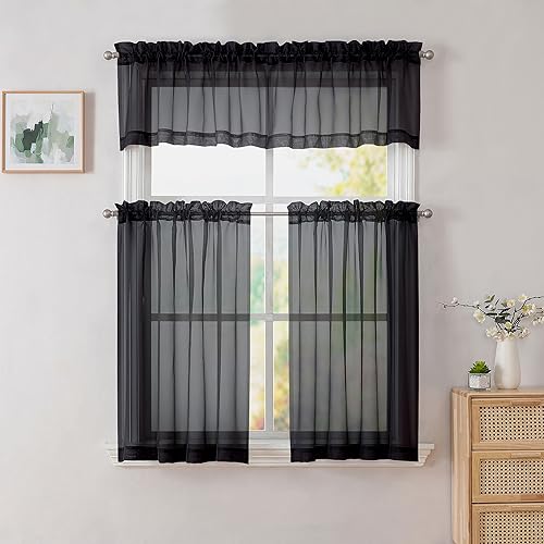 Black Valances 14 Inches Long for Living Room Pocket 2 Panel Light Filtering Sheer Translucent Valence Toppers for Window Kitchen Bathroom Bedroom 42x14 Inch Length (Black / 42"W x 14"L (Pack of 2))