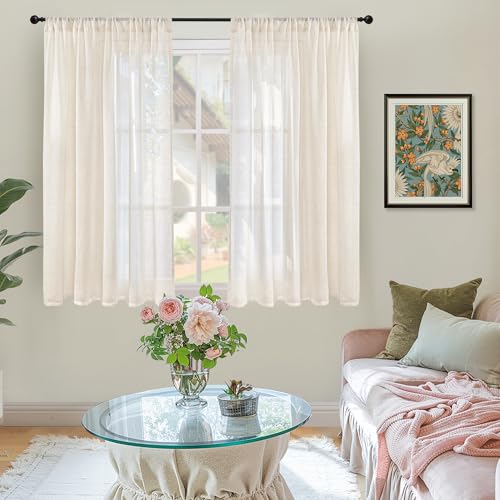 Beige Semi Sheer Linen Curtains 45 Inch Length for Short Kitchen Window (Light Beige / 42"W x 45"L (Pack of 2))