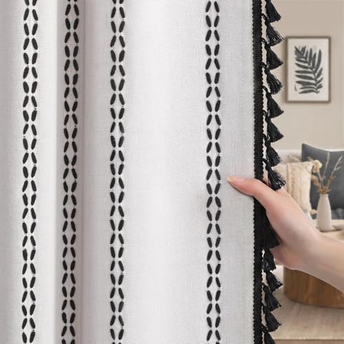 White 100% Boho Blackout Curtains 2 Panels with Tassels 52W X 82L (White and Black / 52"W x 82"L (Pack of 2))