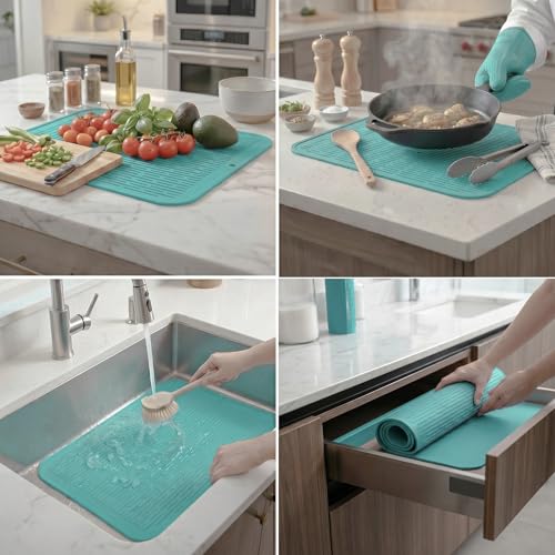 Silicone Dish Drying Mat for Multiple Usage (Mint / 24"L x 18"W)