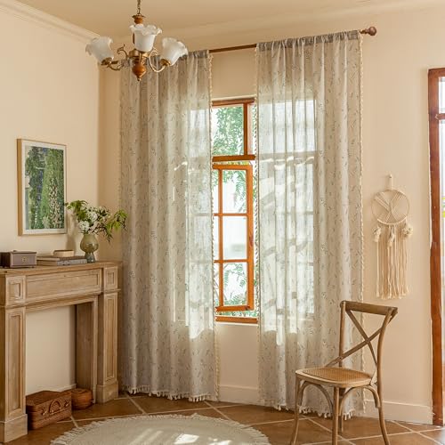 Boho Floral Linen Farmhouse Curtains 84 Inch Length 2 Panels Semi (Blue and Orange / 50"W x 84"L (Pack of 2))