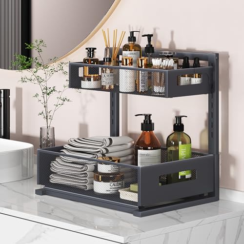 Under Sink Organizer Pull Out Cabinet Organizer Adjustable Height 2 Tier with Sliding Drawers Kitchen Bathroom Organizer and Storage (gray / Extra Large-1 pack)
