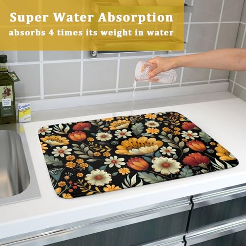 Vintage Boho Floral Dish Drying Mat for Kitchen Counter (18" x 24")