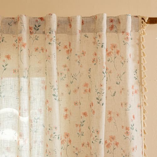 Pink Floral Boho Linen Farmhouse Spring Curtains 84 Inches Long 2 Panels Set Rustic Pattern Semi Sheer Drapes with Tassels Back Tab for Living Room Girls Bedroom Nursery (Pink / 50"W x 84"L (Pack of 2))