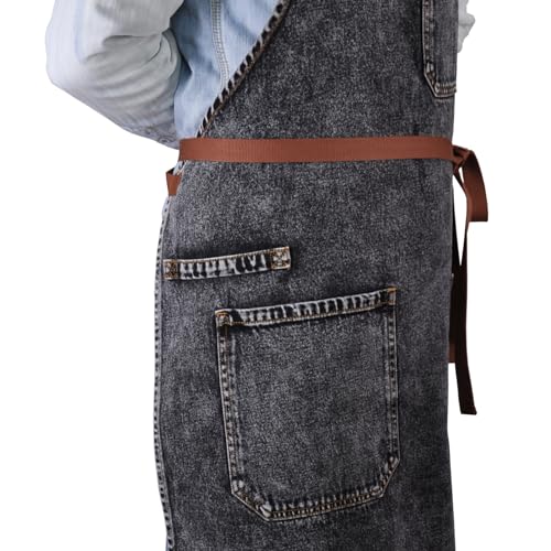 Black Denim Grill Apron with Pockets & Towel Loop for Men Women (Black Denim -1)
