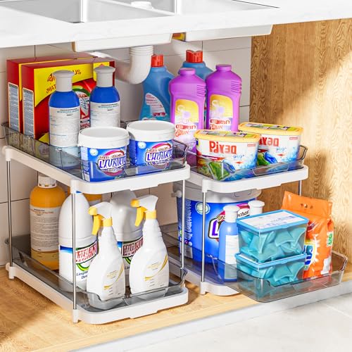 2-Tier Multi-Purpose Bathroom Under Sink Organizers and Storage, Stackable Kitchen Pantry Organization, Pull Out Medicine Cabinet Organizer with Movable Dividers, Grey, 2 Pack (Grey / 2 Pack)