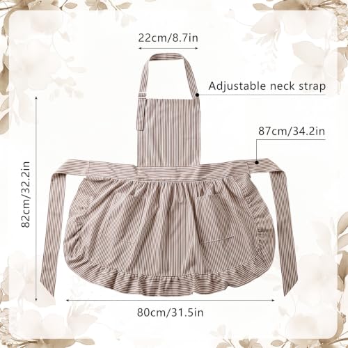 Vintage Apron Ruffle Dress Women 2 Pockets (Brown / Stripe)